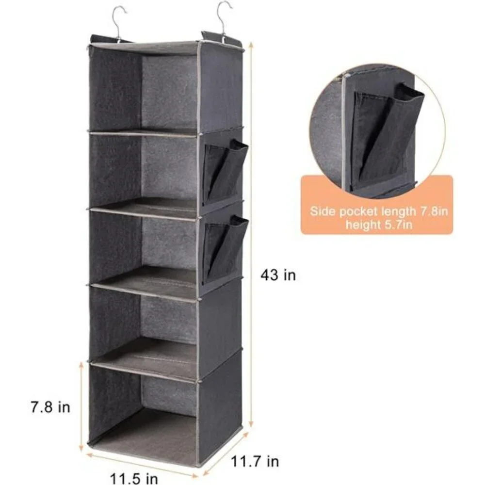 Hanging closet organizer 5 tier shelves with side pockets foldable storage grey